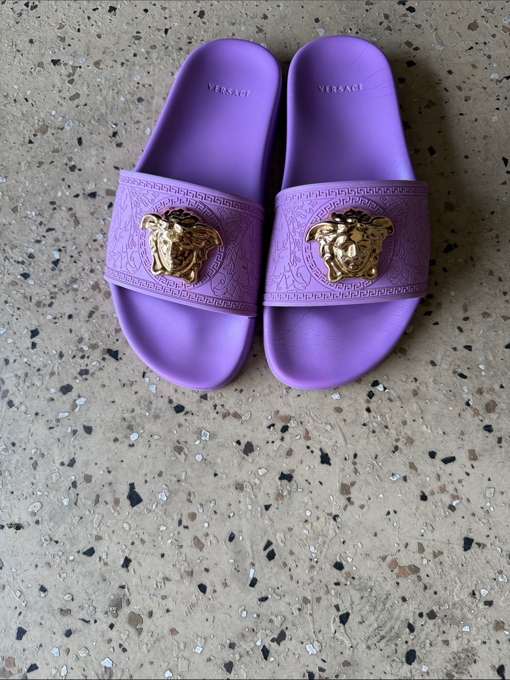 Versace Lavender Medusa Slide Sandals with Gold Emblem